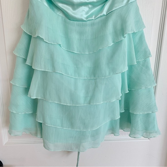 Mint Green Satin Layered Ruffle Chiffon Strapless Party Mini Dress - Picture 4 of 14